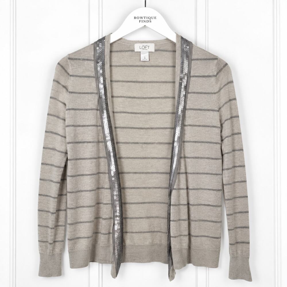 LOFT Cardigan S Petite Gray Striped Wool Blend Sequin Open Front Sweater